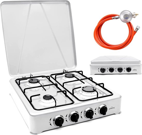BORVAT® | Gas kooktoestel 4 pits | Campingkookplaat | Inclusief 1.5 m gasslang & 50 mbar drukregelaar | Draagbaar kooktoestel | Wit van Merkloos
