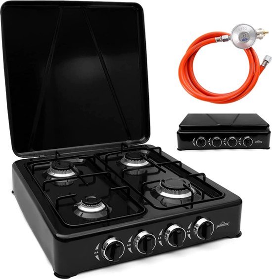 Borvat® - Gas kooktoestel 4 pits - Campingkooktoestel - Gaskookplaat - 1.5 M Slang - 50mbar drukregelaar - ZwartZwart van Borvat