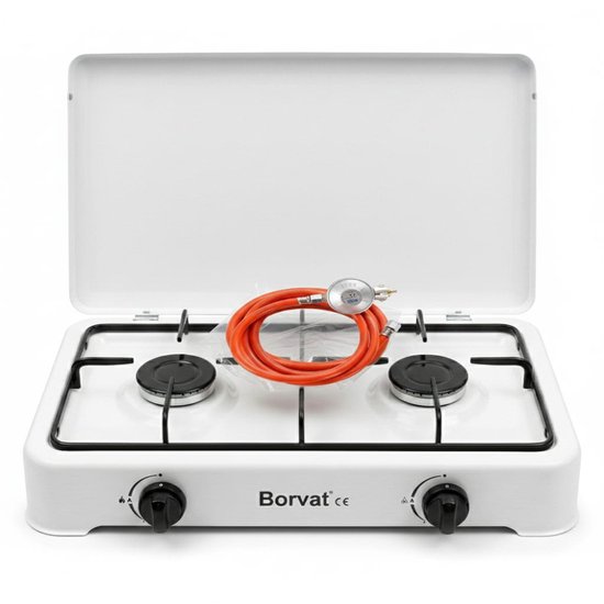 Borvat® Gasstel 2 Pits – Compact kooktoestel voor – Krachtige gaskookplaat – Ruimtebesparend ontwerp-incl. 1.5 m Gasslang en drukregelaar - drukregelaar 50 mbar-Wit van Merkloos