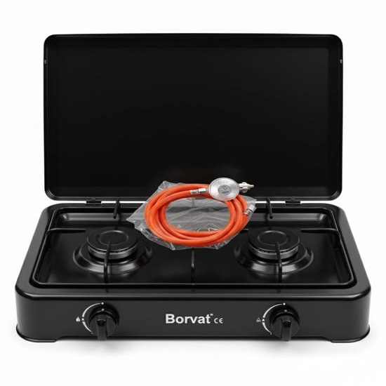 Borvat® Gasstel 2 Pits – Compact kooktoestel voor – Krachtige gaskookplaat – Ruimtebesparend ontwerp-incl. 1.5 m Gasslang en drukregelaar - drukregelaar 50 mbar-Zwart van Merkloos
