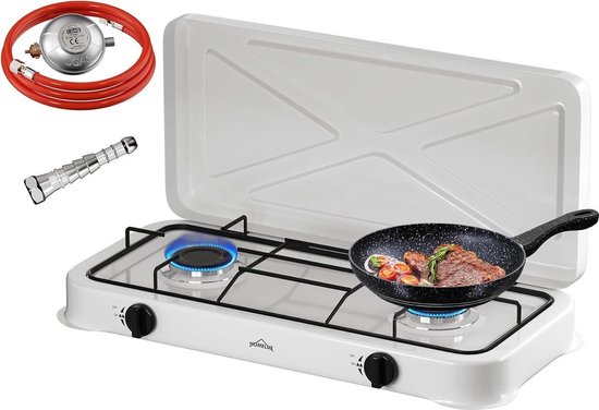 Borvat® Gasstel 2 Pits – Compact kooktoestel voor – Ruimtebesparend ontwerp-incl. 1.5 m Gasslang en drukregelaar - drukregelaar 50 mbar-Wit van Merkloos