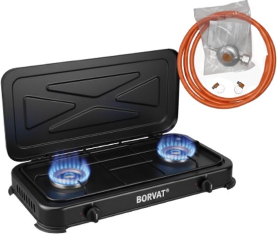 Borvat® Gasstel 2 Pits – Compact kooktoestel voor – Ruimtebesparend ontwerp-incl. 1.5 m Gasslang en drukregelaar - drukregelaar 50 mbar-Zwart van Merkloos
