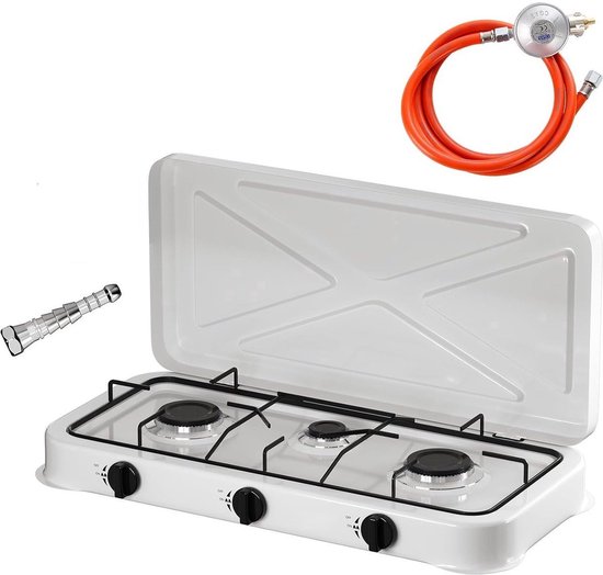 Borvat® Gasstel 3 Pits – Compact kooktoestel voor – Krachtige gaskookplaat – Ruimtebesparend ontwerp-incl. 1.5 m Gasslang en drukregelaar - drukregelaar 50 mbar-Wit van Merkloos