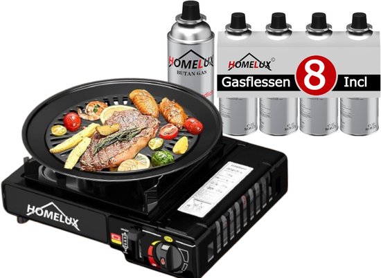Borvat® | Homelux Draagbaar Camping Kooktoestel Set - Inclusief Grillplaat en 8 Gasflessen