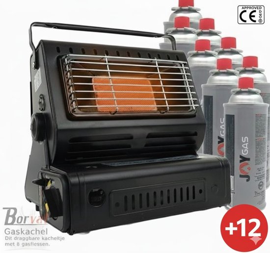 Borvat® Kamping Gaskachel - Heater - Kachel - Terrasverwarmer - Camping gaskachel - Buitenkachel - Gas Heater - Verstelbaar - Draagbaar -Inclusief 12 Gasflessen- Zwart