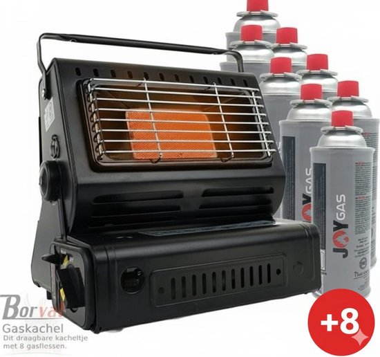 Borvat® Kamping Gaskachel - Heater - Kachel - Terrasverwarmer - Camping gaskachel - Buitenkachel - Gas Heater - Verstelbaar - Draagbaar -Inclusief 8 Gasflessen- Zwart