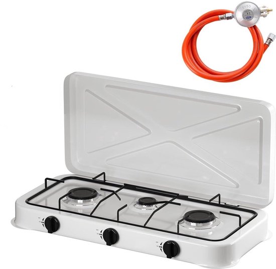 Borvat® -Vrijstaande Gaskookplaat - Los Gasfornuis - Voor Thuis, Buiten of Camping - Kampeerkooktoestellen - 3-Pits - Wit van Merkloos