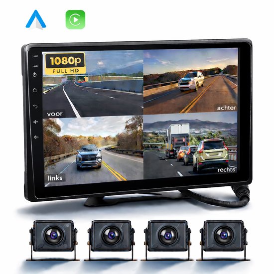 Boscer 10.1 Inch Android 4-Wegs Camera Monitor - 4x Waterproof IP68 Camera - Apple Carplay & Android Auto (Draadloos) - Android 13 - 2+32GB - WiFi, Bluetooth & Radio - Geschikt voor Camper, Auto & Vrachtwagen