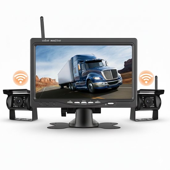 Boscer Achteruitrijcamera set Pro – Draadloos – 7 Inch HD Scherm (1024×600) – Dual 1080P Camera's – IP68 Waterdicht – BSD Dodehoek Detectie – Nachtzicht – Geschikt voor Auto, Bus, Camper, Caravan, Vrachtwagen & Landbouw van Merkloos