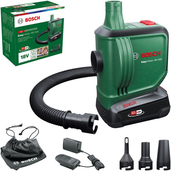 Bosch EasyInflate 18V-500 - acculuchtpomp - Incl. 1x 18V 2,0 Ah accu - Lader - 3 mondstukken - 50cm slang - Opbergtas van Bosch