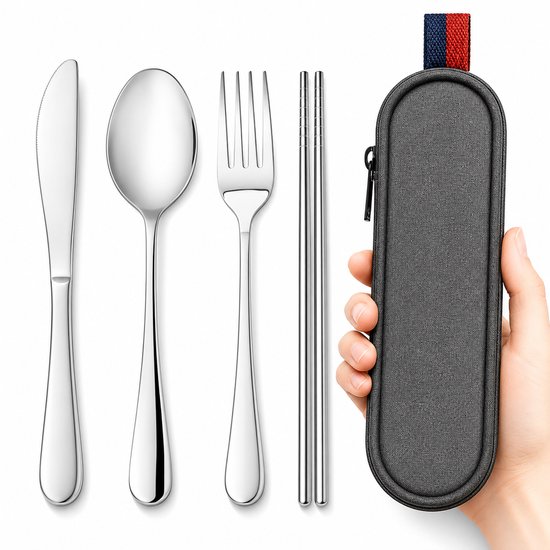BOTC Bestekset met Eetstokjes - Herbruikbaar RVS Reisbestek met Etui - Draagbare Bestekset voor Lunch, Werk, Reizen & Kamperen - Zilver