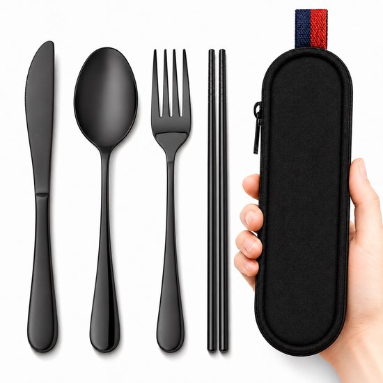 BOTC Bestekset met Eetstokjes - Herbruikbaar RVS Reisbestek met Etui - Draagbare Bestekset voor Lunch, Werk, Reizen & Kamperen - Zwart