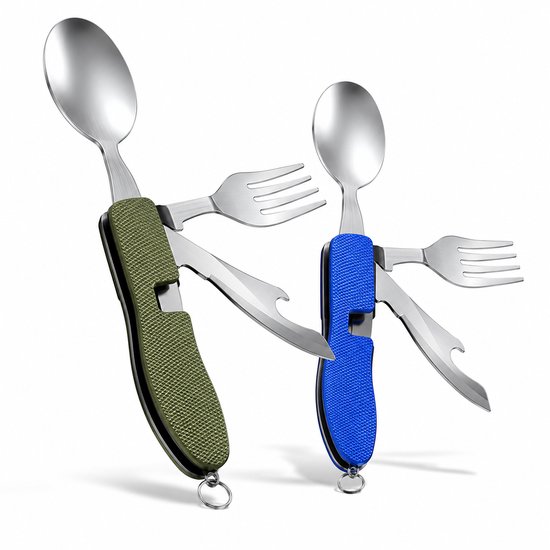 BOTC Campingbestek Set Inklapbaar - 4in1 - Set van 2 stuks - RVS - Survival Outdoor Camping - Vork, Lepel & mes opener