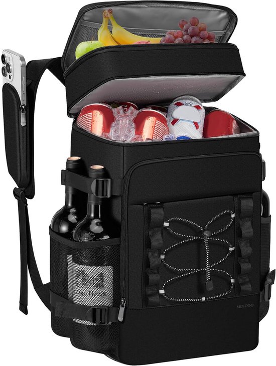 BOTC Koelrugzak 28L - Geïsoleerde Koeltas Rugzak met 2 Compartimenten - Lekbestendig - Voor Strand, Picknick, Camping & BBQ - Zwart