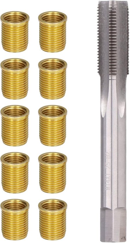 Bougie Draadreparatieset, 14 Mm Hogesnelheidsstalen Kraanbougie met 10 Stuks M12 X 1.25 Draadinzetstukken en een M14 X 1.25 Draadkraan voor Benzinemotor Generator Dieselmotor