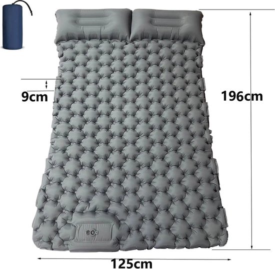 Bramboo - Luchtbed - 2 persoons - Met kussens - Ingebouwde voetpomp - Grijs - Camping - 196 x 125 x 9 cm van BRA