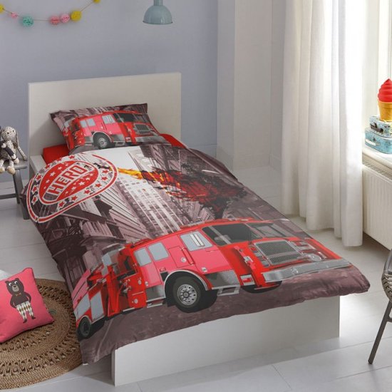 Brandweerwagen Dekbedovertrek Fire 140 x 200 cm + 1 kussensloop 70 x 90 cm - 100% katoen van Flamingo Park Deco