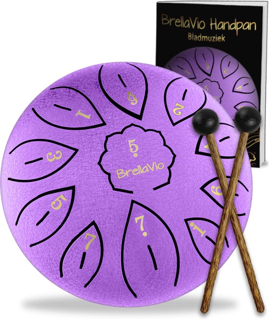 BrellaVio Handpan met Lesboek - Let op: afmeting 16cm ø - Paars - Healing Steel Tongue Drum - Hand Klankschaal - Hang Drum - Lotus Tong Muziektherapie van BrellaVio
