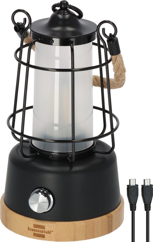 Brennenstuhl Oplaadbare campinglamp CAL 1 AC met henneptouw en bamboevoet (350lm, IP44, brandtijd tot 75h, dimbaar, power bank, instelbare lichtkleur) van Brennenstuhl