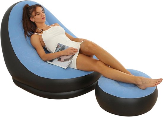 Brenzoos - : Opblaasbare loungestoel van pvc met opvouwbare opklapstoel en voetkruk voor camping - Lichtblauw - Eenvoudig schoon te maken. van Brenzoos