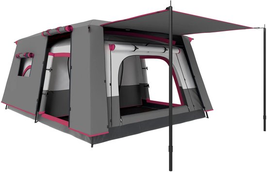 Bresht Familietent - Campingtent - Kampeertent - Tent - Geschikt voor gezinnen/groepen - Lichtgrijs met roze - 430 x 305 x 195 cm