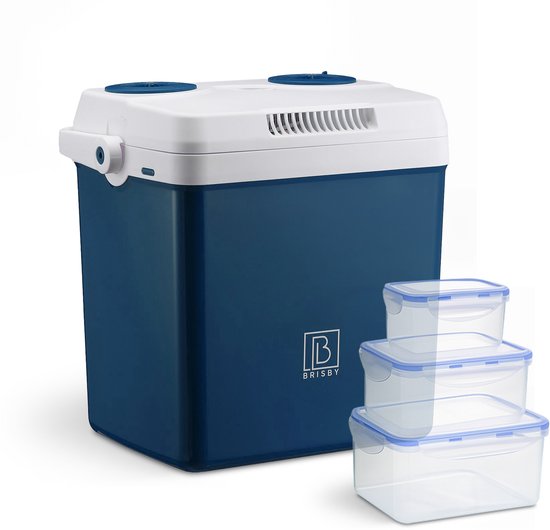 Brisby 25 Liter Elektrische Koelbox, Frigobox Deluxe met 12V, 220/230 Volt Aansluiting voor Auto en Camping - AC/DC - Coolbox - Divider en Deksel vergrendelstand - BLAUW van Merkloos