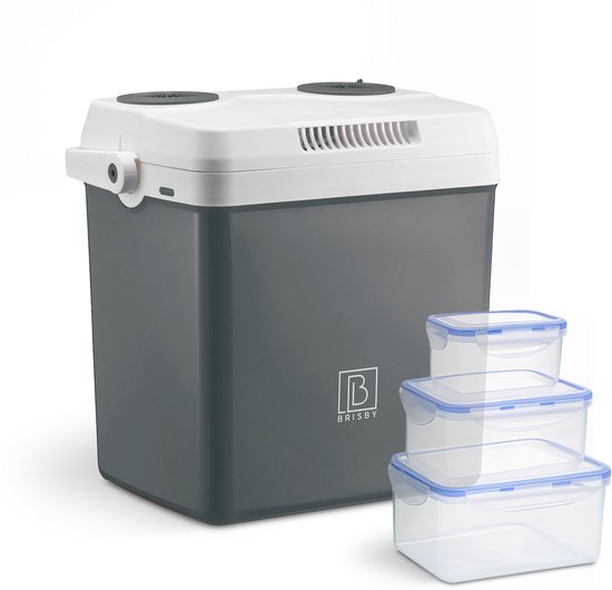 Brisby 25 Liter Elektrische Koelbox, Frigobox Deluxe met 12V, 220/230 Volt Aansluiting voor Auto en Camping – AC/DC - Coolbox - Divider en Deksel vergrendelstand - GRIJS van Brisby