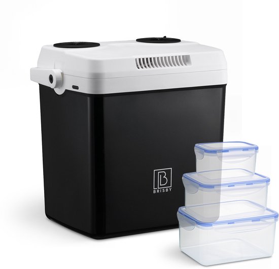 Brisby 25 Liter Elektrische Koelbox, Frigobox Deluxe met 12V, 220/230 Volt Aansluiting voor Auto en Camping – AC/DC - Coolbox - Divider en Deksel vergrendelstand - ZWART van Brisby