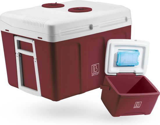 Brisby 40 Liter Elektrische Koelbox, Frigobox Deluxe met 12V, 220/230 Volt Aansluiting voor Auto en Camping – AC/DC - inclusief passieve koelbox - ROOD van Brisby