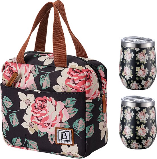Brisby 4L Koeltas Bloemen + Brisby Thermosbeker Set Black Flower – De ideale lunchset voor onderweg! van Merkloos