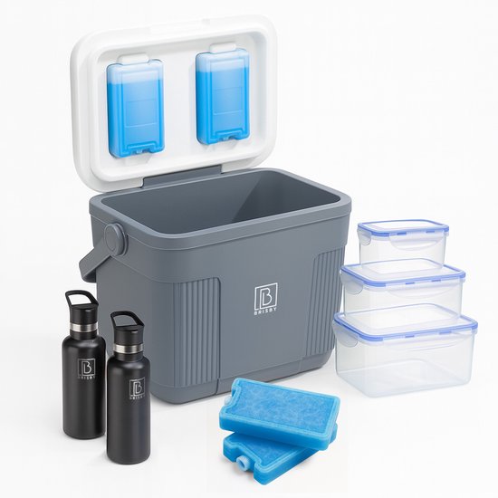 Brisby Koelbox 22L – Frigobox Grijs – Tot 40 uur isolatie – Inclusief 4x 450ml Koelelementen, 3-delige Vershoudbakjes Set en 2x 500ml Zwarte RVS Thermosflessen – Slimme sluiting – Koelelementen vast in deksel van Brisby