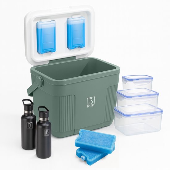 Brisby Koelbox 22L - Frigobox Groen - Tot 40 uur isolatie - Inclusief 4x 450ml Koelelementen, 3-delige Vershoudbakjes Set en 2x 500ml Zwarte RVS Thermosflessen - Slimme sluiting - Koelelementen vast in deksel van Brisby