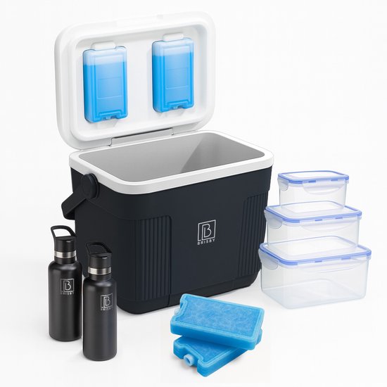 Brisby Koelbox 22L - Frigobox Zwart - Tot 40 uur isolatie - Inclusief 4x 450ml Koelelementen, 3-delige Vershoudbakjes Set en 2x 500ml Zwarte RVS Thermosflessen - Slimme sluiting - Koelelementen vast in deksel van Brisby
