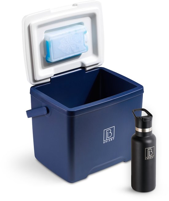 Brisby Koelbox - Frigobox - 13L- Blauw - Tot maximaal 40 uur isolatie - Incl. 2 dikke koelelementen van 450ml - Met koelelementen vergrendeld in deksel en Brisby 500ml Zwarte Dubbelwandige Thermosfles van Brisby