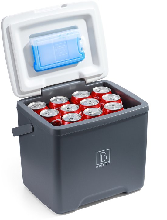 Brisby Koelbox - Frigobox - 13L- Grijs - Tot maximaal 40 uur isolatie - Incl. 2 dikke koelelementen van 450ml - Met koelelementen vergrendeld in deksel en Brisby 500ml Zwarte Dubbelwandige Thermosfles van Brisby