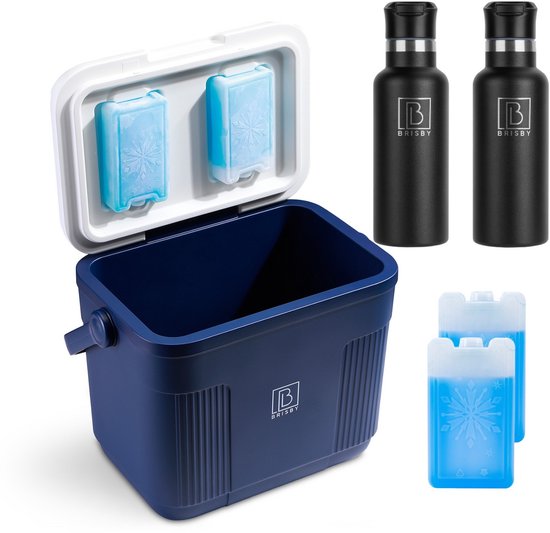 Brisby Koelbox - Frigobox - 22L - Blauw - Tot maximaal 40 uur isolatie - Incl. 4 dikke koelelementen van 450ml - Met koelelementen vergrendeld in deksel en Brisby 500ml Zwarte Dubbelwandige Thermosfles van Merkloos