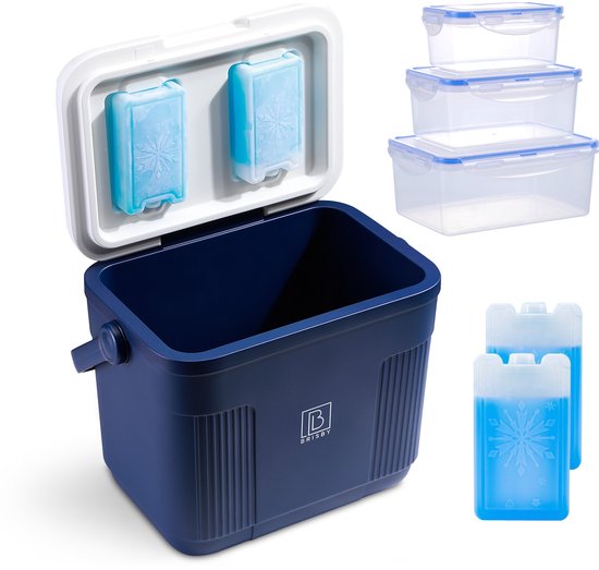 Brisby Koelbox - Frigobox - 22L - Blauw - Tot maximaal 40 uur isolatie - Incl. 4 dikke koelelementen van 450ml - Temperatuur veilige sluiting - Nieuw ontwerp met koelelementen vergrendeld in deksel van Brisby