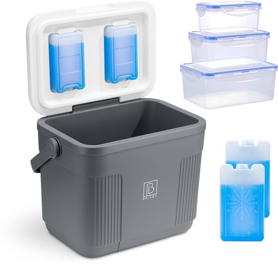 Brisby Koelbox - Frigobox - 22L - Grijs - Tot maximaal 40 uur isolatie - Incl. 4 dikke koelelementen van 450ml en 3 Delige Set Vershoudbakjes - Temperatuur veilige sluiting - Met koelelementen vergrendeld in deksel van Brisby