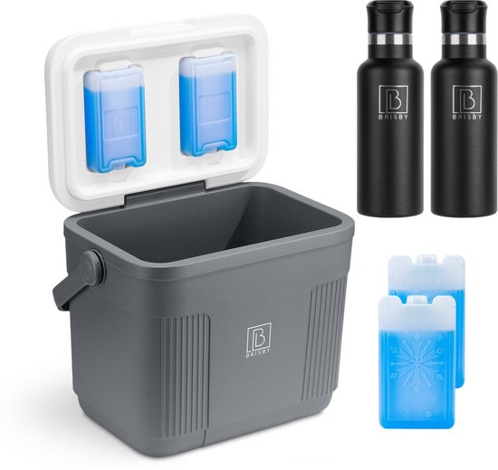 Brisby Koelbox - Frigobox - 22L - Grijs- Tot maximaal 40 uur isolatie - Incl. 4 dikke koelelementen van 450ml - Met koelelementen vergrendeld in deksel en Brisby 500ml Zwarte Dubbelwandige Thermosfles van Brisby
