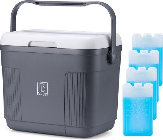 Brisby Koelbox - Frigobox - 22L - Grijs - Tot maximaal 40 uur isolatie - Incl. 4 dikke koelelementen van 450ml - Temperatuur veilige sluiting - Nieuw ontwerp met koelelementen vergrendeld in deksel van Brisby