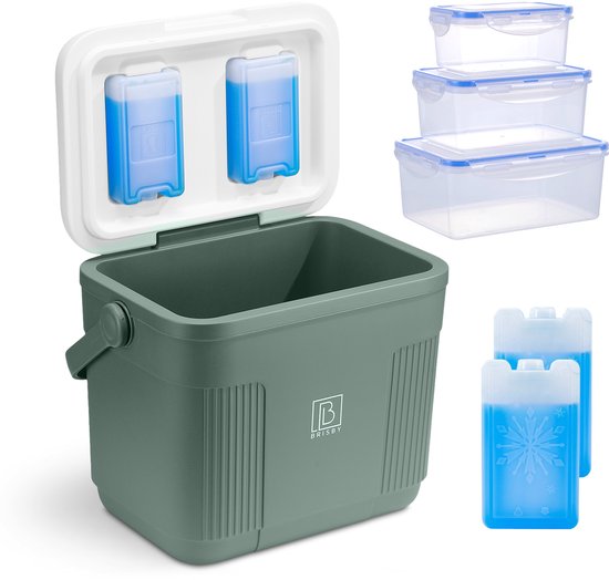 Brisby Koelbox - Frigobox - 22L - Groen - Tot maximaal 40 uur isolatie - Incl. 4 dikke koelelementen van 450ml en 3 Delige Set Vershoudbakjes - Temperatuur veilige sluiting - Met koelelementen vergrendeld in deksel van Brisby