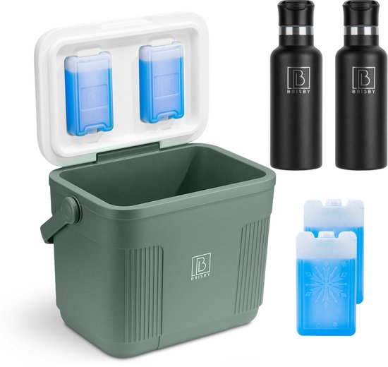 Brisby Koelbox - Frigobox - 22L - Groen - Tot maximaal 40 uur isolatie - Incl. 4 dikke koelelementen van 450ml - Met koelelementen vergrendeld in deksel en Brisby 500ml Zwarte Dubbelwandige Thermosfles van Merkloos