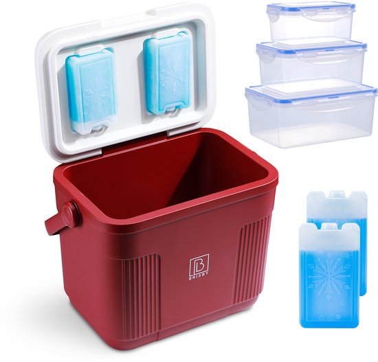 Brisby Koelbox - Frigobox - 22L - Rood - Tot maximaal 40 uur isolatie - Incl. 4 dikke koelelementen van 450ml en 3 Delige Set Vershoudbakjes - Temperatuur veilige sluiting - Met koelelementen vergrendeld in deksel van Brisby