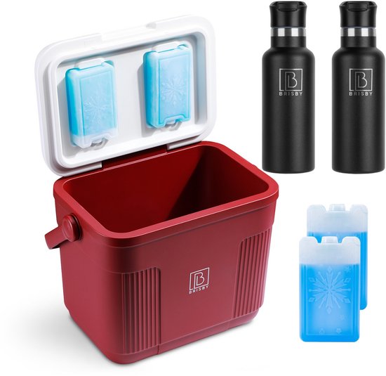 Brisby Koelbox - Frigobox - 22L - Rood - Tot maximaal 40 uur isolatie - Incl. 4 dikke koelelementen van 450ml - Met koelelementen vergrendeld in deksel en Brisby 500ml Zwarte Dubbelwandige Thermosfles van Brisby