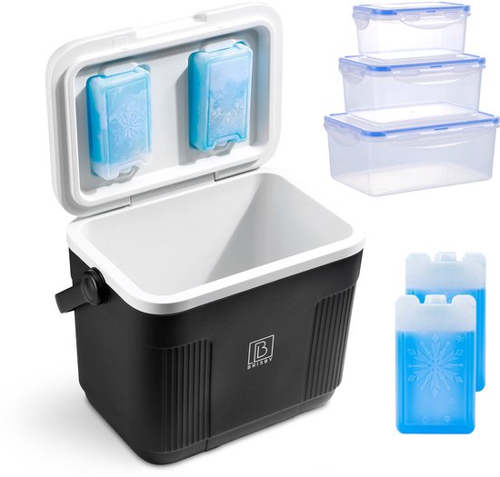 Brisby Koelbox - Frigobox - 22L - Zwart - Tot maximaal 40 uur isolatie - Incl. 4 dikke koelelementen van 450ml en 3 Delige Set Vershoudbakjes - Temperatuur veilige sluiting - Met koelelementen vergrendeld in deksel van Brisby