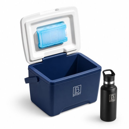 Brisby Koelbox - Frigobox - 8L - Blauw - Tot maximaal 40 uur isolatie - Incl. 2 dikke koelelementen van 450ml - Met koelelementen vergrendeld in deksel en Brisby 500ml Zwarte Dubbelwandige Thermosfles van Brisby