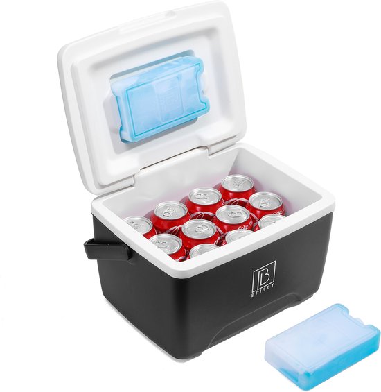 Brisby Koelbox - Frigobox - 8L - Zwart - Tot maximaal 40 uur isolatie - Incl. 2 dikke koelelementen van 450ml - Met koelelementen vergrendeld in deksel en Brisby 500ml Zwarte Dubbelwandige Thermosfles van Brisby