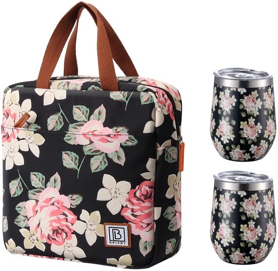 Brisby Koeltas 7L Bloemen + 2 Brisby Thermosbekers Black Flower – Complete Lunch-set voor Onderweg! van Brisby