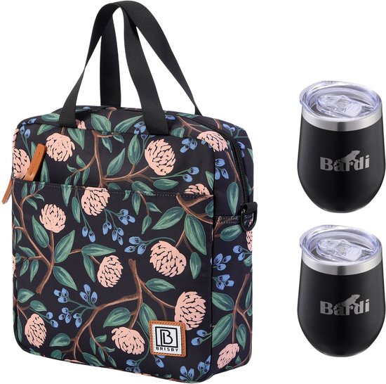 Brisby Koeltas 7L Passion Flower + 2 Brisby Thermosbekers Zwart – Complete Lunch-set voor Onderweg! van Merkloos