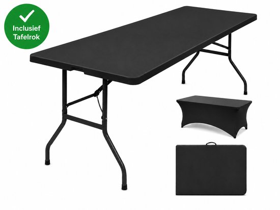 Brixy Inklapbare Tafel Incl. Tafelrok - Campingtafel - 180 x 74 x 74 cm - Klaptafel - Vouwtafel Buiten - Tuintafel - Zwart